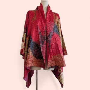 Avant-garde Red and Gold Textured Appliqué Open-Front Shawl Cardigan Art-to-wear